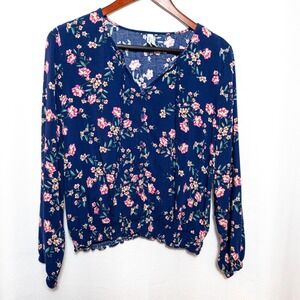 Mudd Women's Floral Blouse XL Blue Pink Long Sleeve Smocked Hem Peasant Top